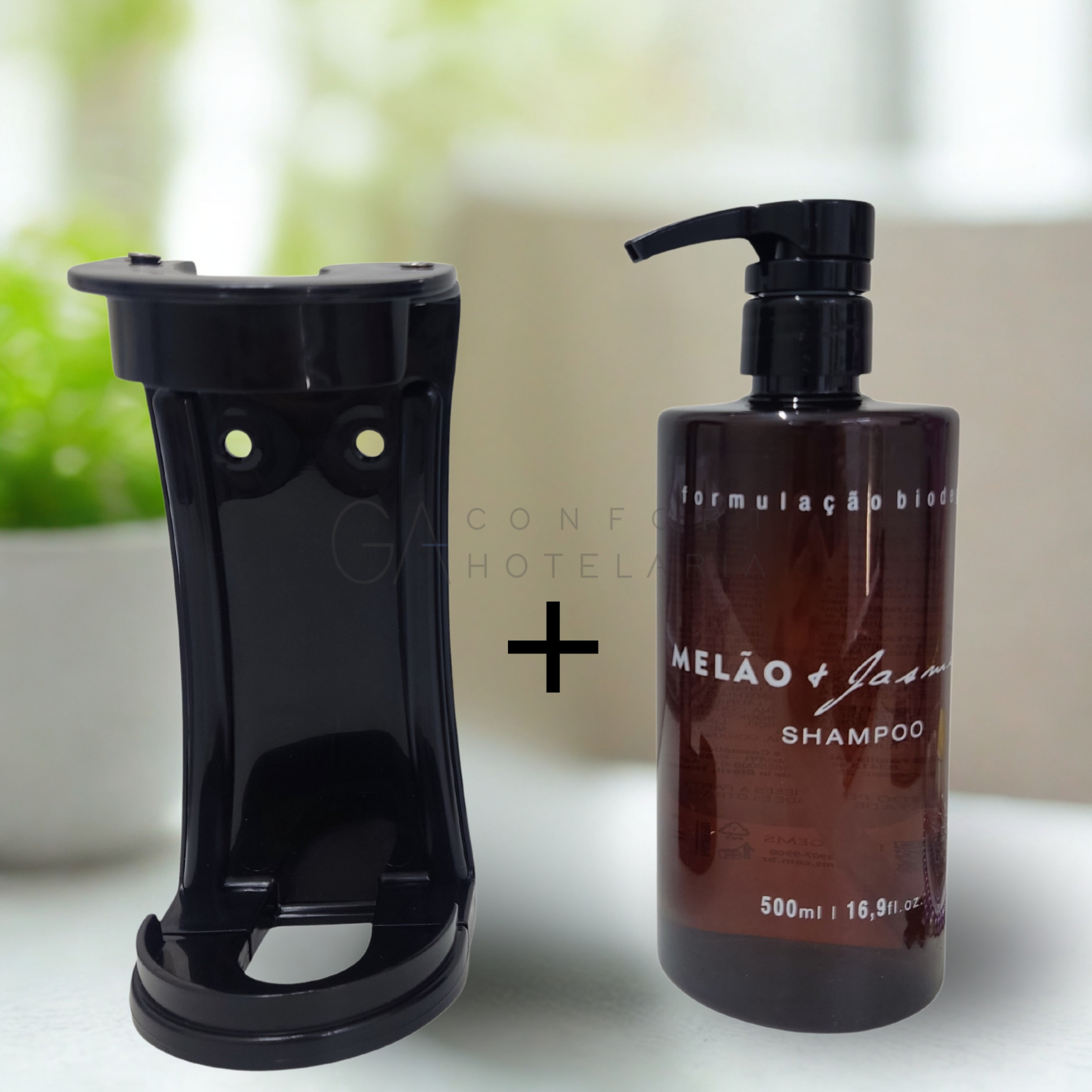 Kit Dispenser Shampoo Luxo 500ml Melão e Jasmim com Suporte Preto